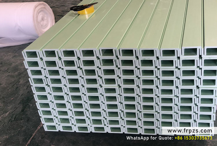 Large stock of light green pultruded Fiberglass (FRP) U-channel structural profiles