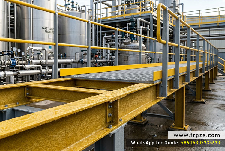 Corrosion resistant yellow FRP structural beams supporting an industrial walkway platform