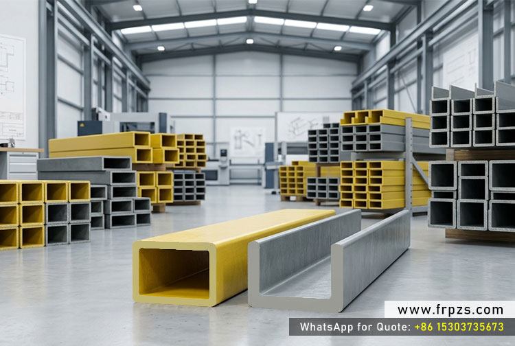 Pultruded FRP channels and GRP structural shapes in a modern factory